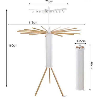 Wooden clothes rack with dimensions labeled on a white background