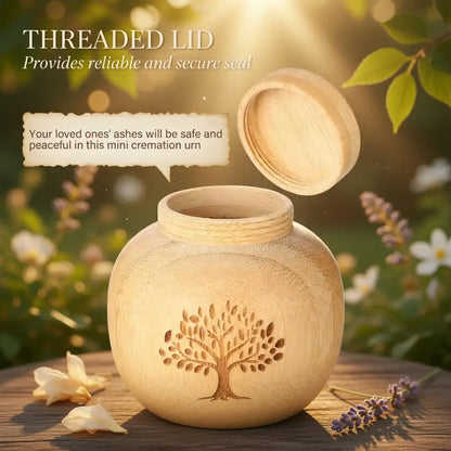 Wooden cremation urn with tree design on a natural background