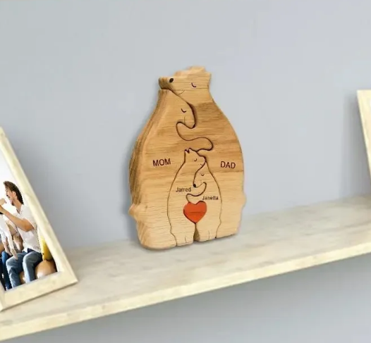 Wooden cutting board with 'Mom' and 'Dad' engraving on a shelf.