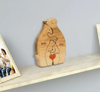 Wooden cutting board with 'Mom' and 'Dad' engraving on a shelf.