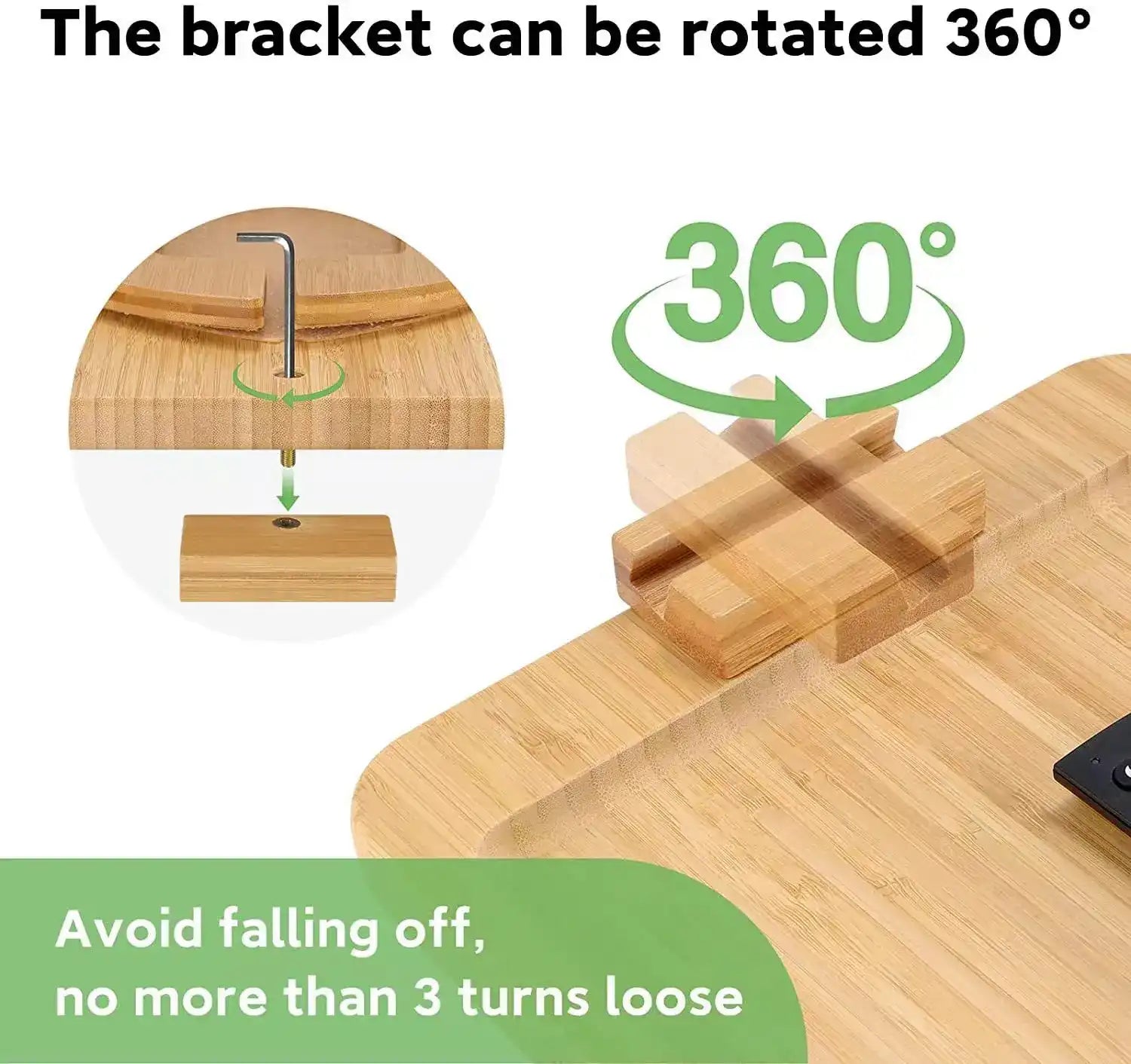 Wooden cutting board with a bracket that can be rotated 360 degrees, showing its stability.