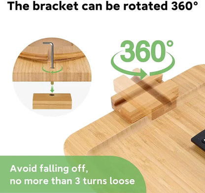 Wooden cutting board with a bracket that can be rotated 360 degrees, showing its stability.