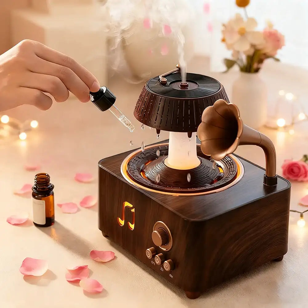 Wooden diffuser with vintage design, hand adding essential oil, soft lighting and decor.