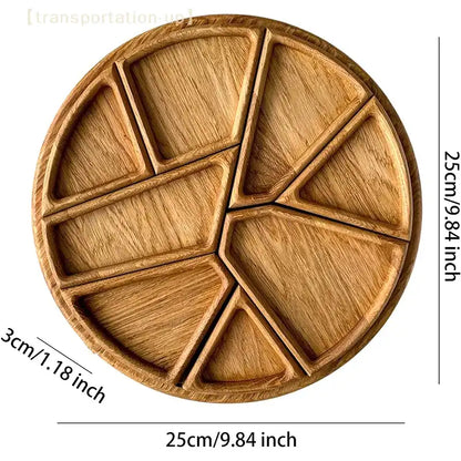 Wooden divided plate with measurements on a white background