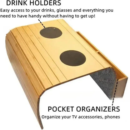 Wooden drink holder with two circular holes and text describing its use.