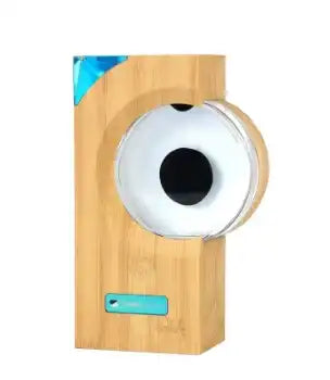 Wooden electronic device with circular component on a white background