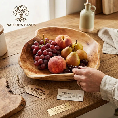 Wooden fruit tray with fruits on a wooden table, featuring 'Nature's Hands' branding.