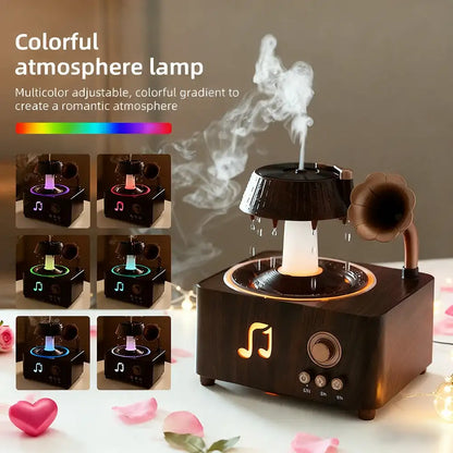Wooden humidifier with multicolor adjustable gradient, surrounded by flowers on a soft background.