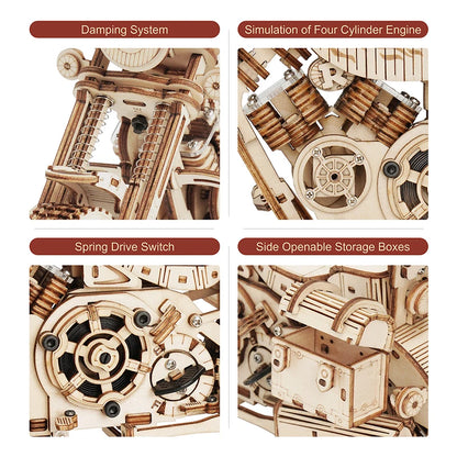 Wooden mechanical model kit with labeled components on a white background