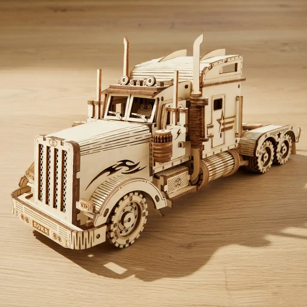 Wooden model of a truck on a wooden surface