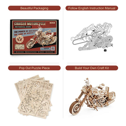 Wooden motorcycle model kit with packaging, instruction manual, and puzzle pieces on a white background.