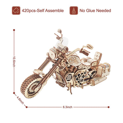 Wooden motorcycle model puzzle with assembly instructions and dimensions on a white background