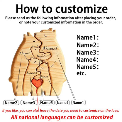 Wooden puzzle with interlocking pieces shaped like a family, with text on how to customize names.
