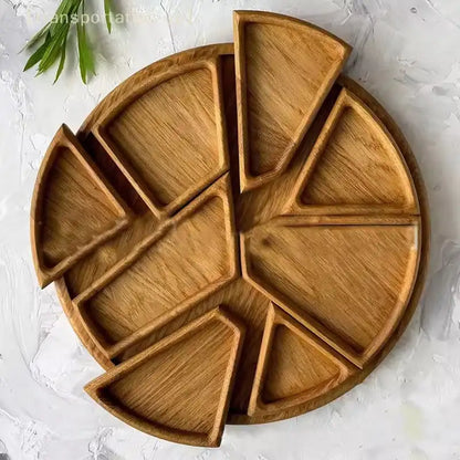 Wooden tray with geometric compartments on a light gray background