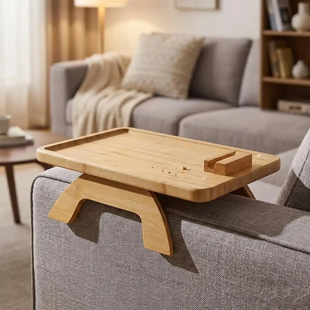 Wooden tray attached to a gray sofa in a living room setting