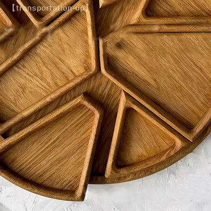 Wooden tray with geometric compartments on a light gray background