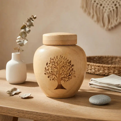 Wooden urn with tree engraving on a wooden table with decorative items.