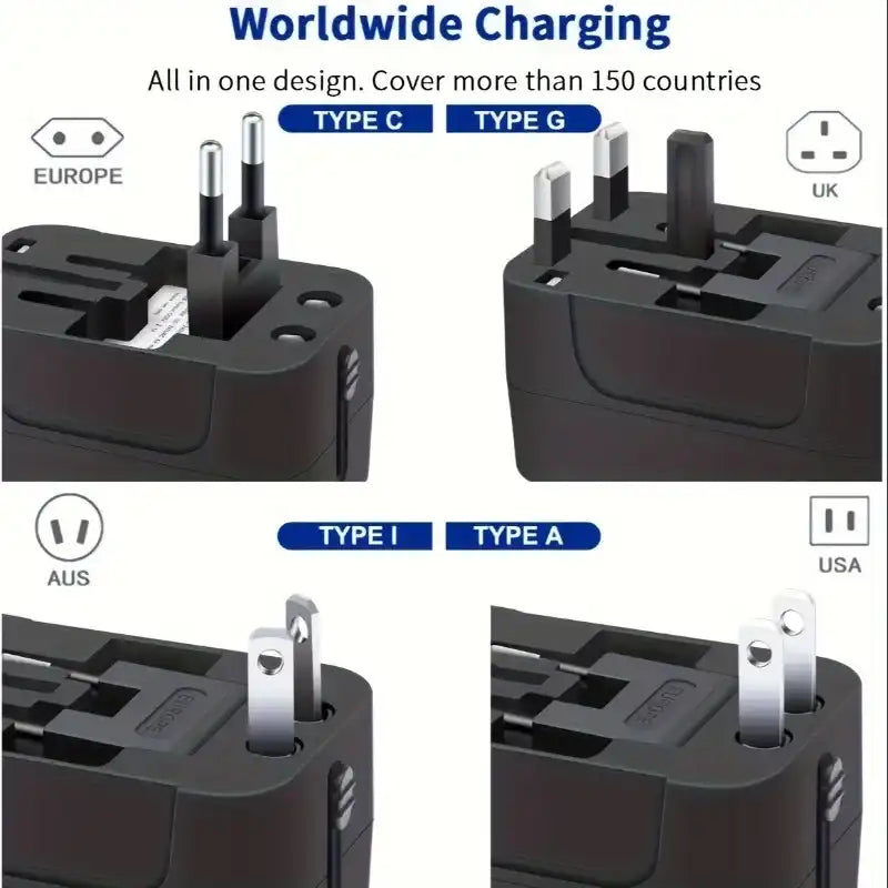 Worldwide charging adapter with different plug types for Europe, UK, Australia, and USA.