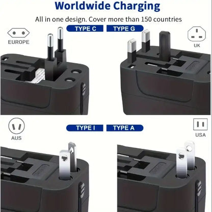 Worldwide charging adapter with different plug types for Europe, UK, Australia, and USA.