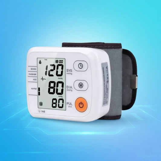 Wrist blood pressure monitor displaying readings on a blue background