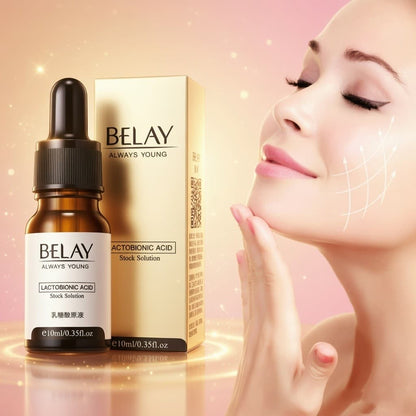 Bottle and box of BELAY skincare product with a woman touching her face on a pink background