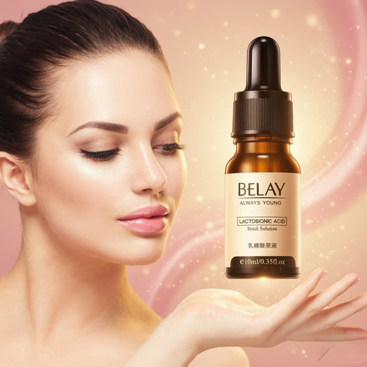 Woman holding a bottle of BELAY skincare serum with a soft, blurred background