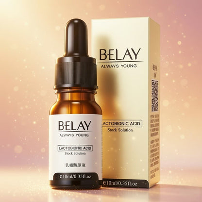 Bottle and box of BELAY Lactobionic Acid Stock Solution on a gradient background