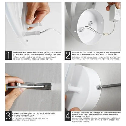 Step-by-step assembly instructions for a light fixture with text in multiple languages.