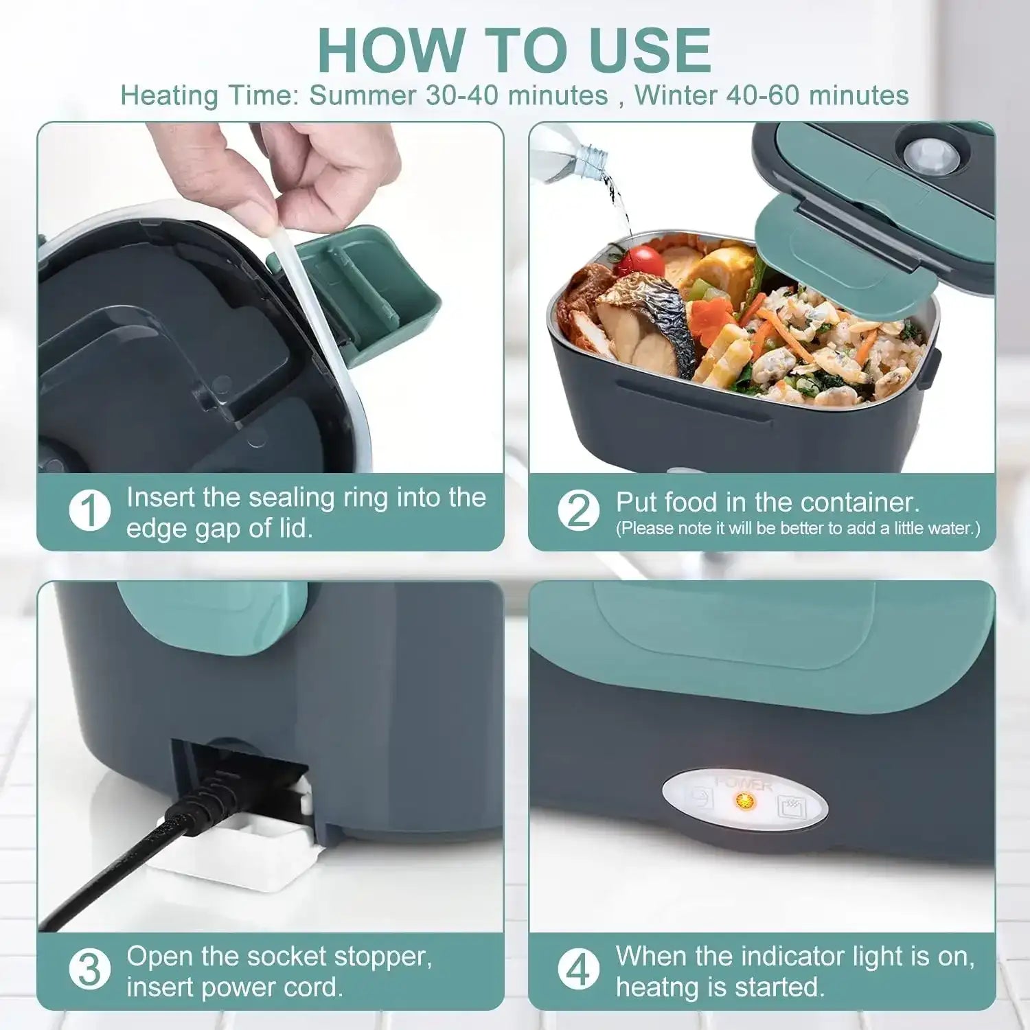 Instructions for using a food warmer, with images and text.