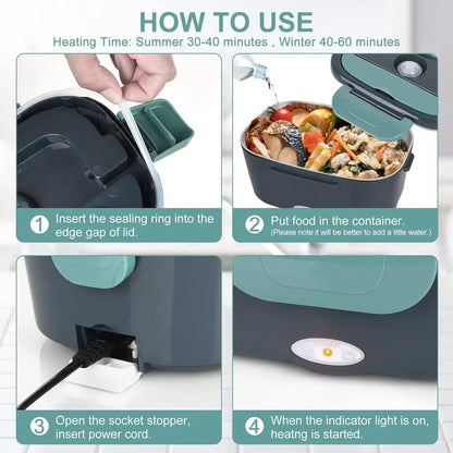 Instructions for using a food warmer, with images and text.