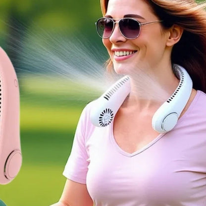 Woman wearing a neck fan outdoors