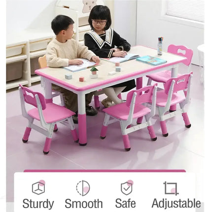 Adjustable Kids Table & 6 Chairs Set Graffiti Desktop Arts & Crafts Table - Pink