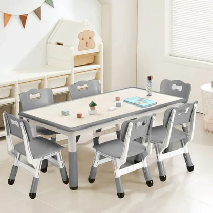Adjustable Kids Table & 6 Chairs Set Graffiti Desktop Arts & Crafts Table - Grey
