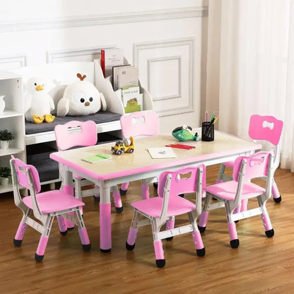 Adjustable Kids Table & 6 Chairs Set Graffiti Desktop Arts & Crafts Table - Pink