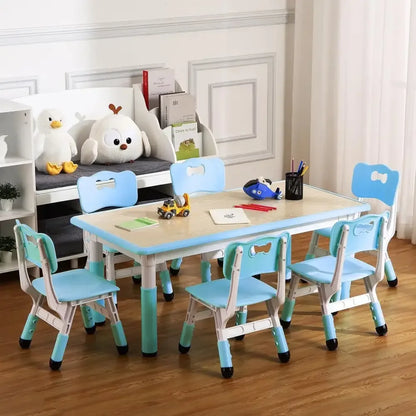 Adjustable Kids Table & 6 Chairs Set Graffiti Desktop Arts & Crafts Table - Blue