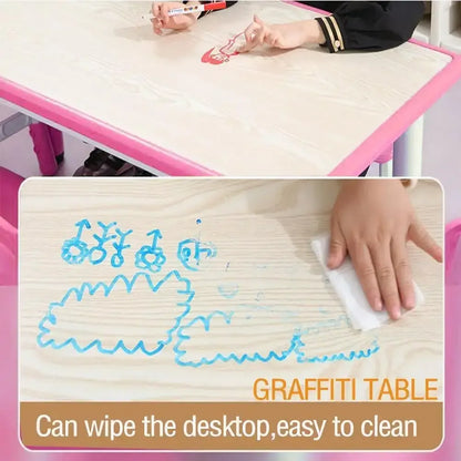 Adjustable Kids Table & 6 Chairs Set Graffiti Desktop Arts & Crafts Table - Pink
