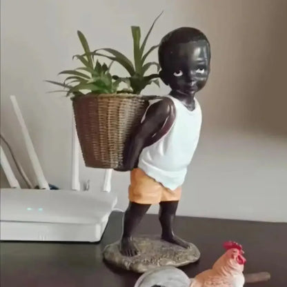 African Figurine Little Boy Tribal Kid Statue Sculpture - A