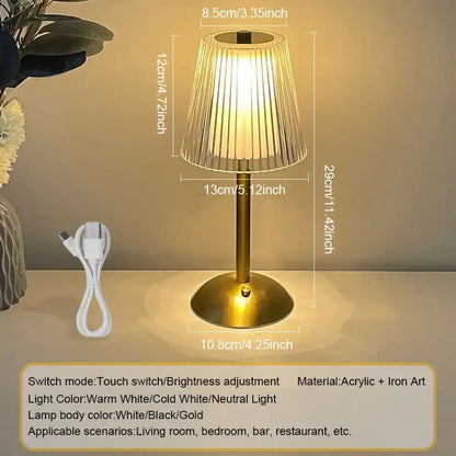 Alloy Touch Sensor LED Table Lamp Rechargeable, 3 Colors Dimmable Bedside & Bar Light - Golden