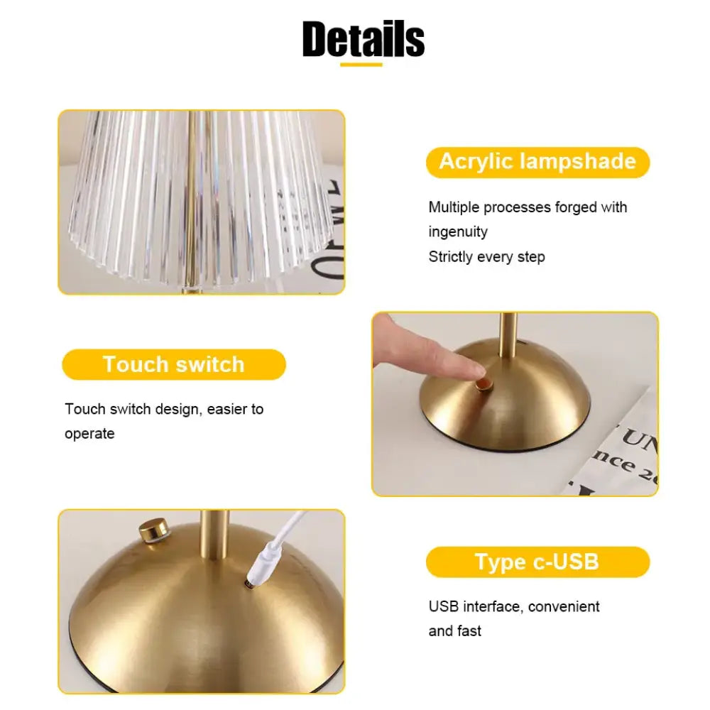 Alloy Touch Sensor LED Table Lamp Rechargeable, 3 Colors Dimmable Bedside & Bar Light
