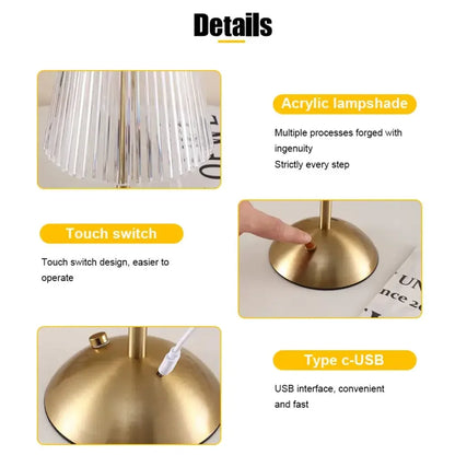 Alloy Touch Sensor LED Table Lamp Rechargeable, 3 Colors Dimmable Bedside & Bar Light - Golden