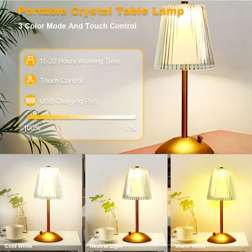 Alloy Touch Sensor LED Table Lamp Rechargeable, 3 Colors Dimmable Bedside & Bar Light