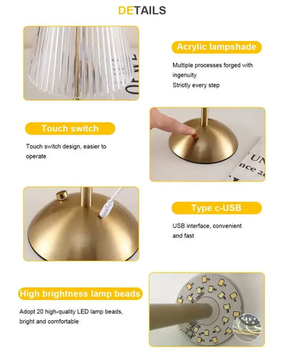 Alloy Touch Sensor LED Table Lamp Rechargeable, 3 Colors Dimmable Bedside & Bar Light - Golden
