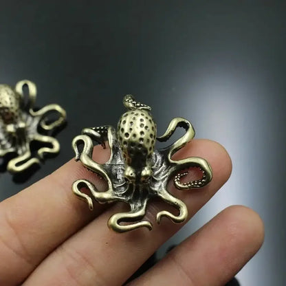 Antique Brass Octopus Figurine Solid Copper Miniature Desk Decor & Tea Pet - 