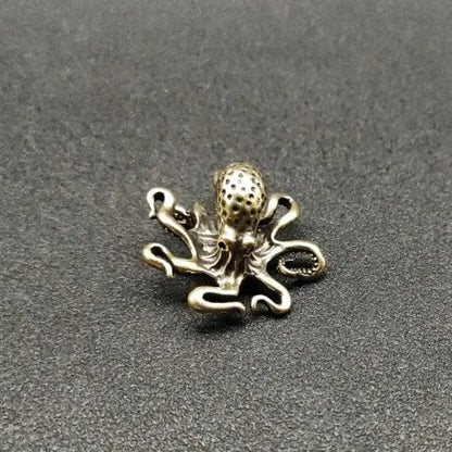 Antique Brass Octopus Figurine Solid Copper Miniature Desk Decor & Tea Pet - 