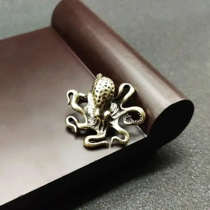 Antique Brass Octopus Figurine Solid Copper Miniature Desk Decor & Tea Pet - 