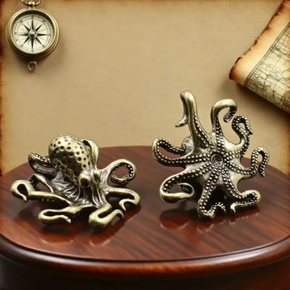 Antique Brass Octopus Figurine Solid Copper Miniature Desk Decor & Tea Pet - 