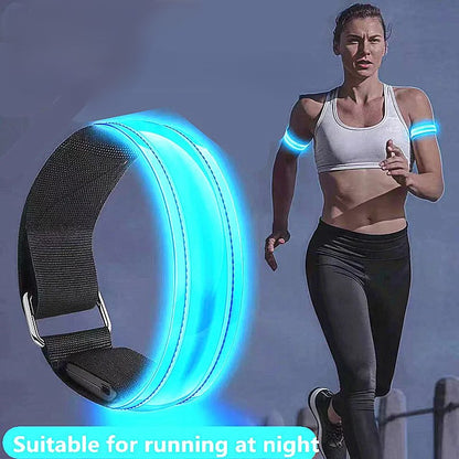 Person running with glowing arm bands and a close-up of the arm bands on a blue background.
