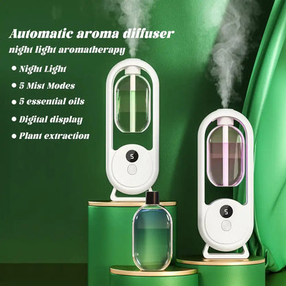 Automatic aroma diffuser with night light and essential oils on a green background