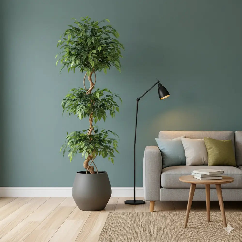 Artificial Ficus Tree  Silk Leaves, Vine-Wrapped Trunk