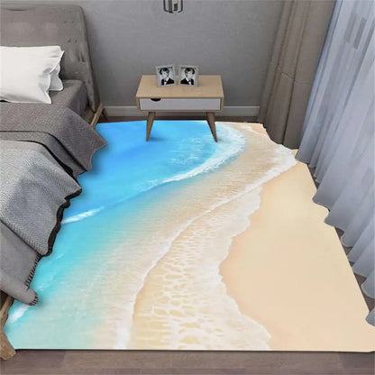 Room with a beach-themed floor design, featuring sand and water.